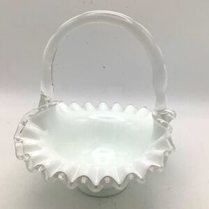 Vintage Fenton White Milk Glass Ruffled Edge Handled Basket